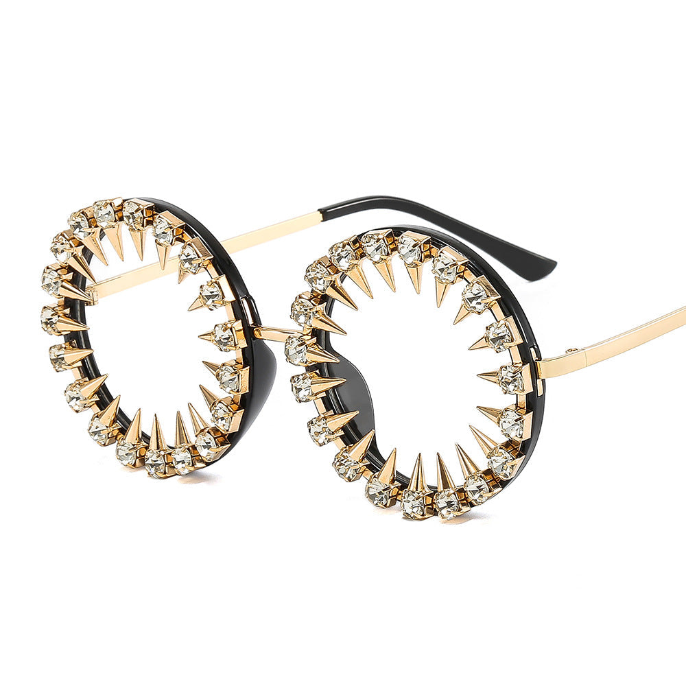 Trendy punk glasses round frame rhinestones
