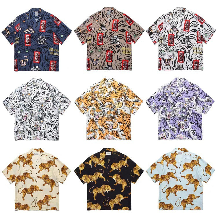 GUILTYPARTIES TIGER Shirts Summer Festival Black Eyed Tiger Flowing Cloud Hawaiian Short Sleeve Shirt Men