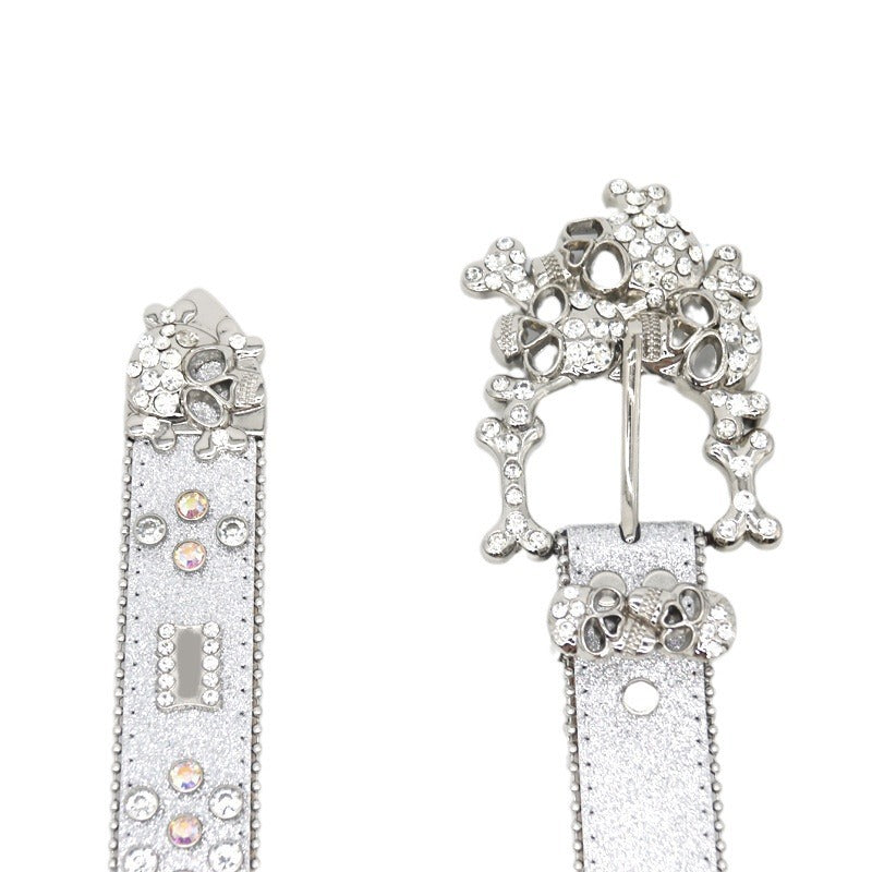 Hip-hop punk rhinestone belt silver glitter big skull
