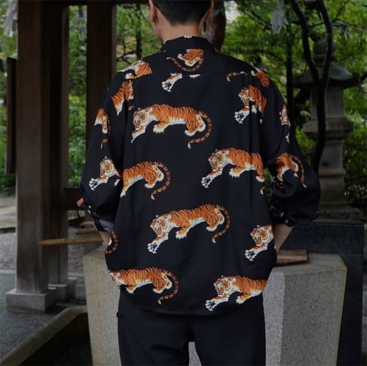 GUILTYPARTIES TIGER Long sleeved shirt Tiger Hawaiian Casual Long Sleeve Shirt Men's and Women's