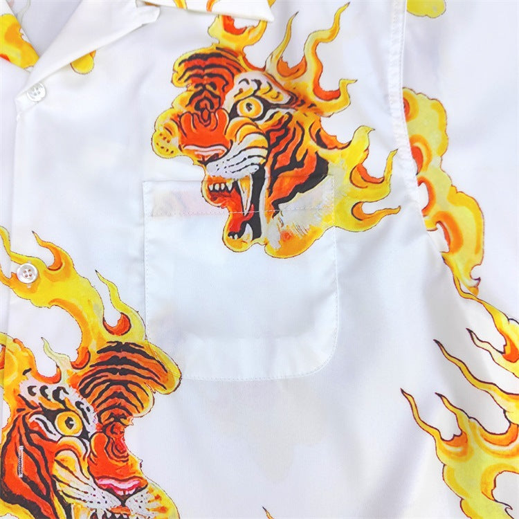 GUILTYPARTIES TIGER Shirts TIM LEHI / Flame Tiger Head Tiger Hawaiian short-sleeve shirt for men