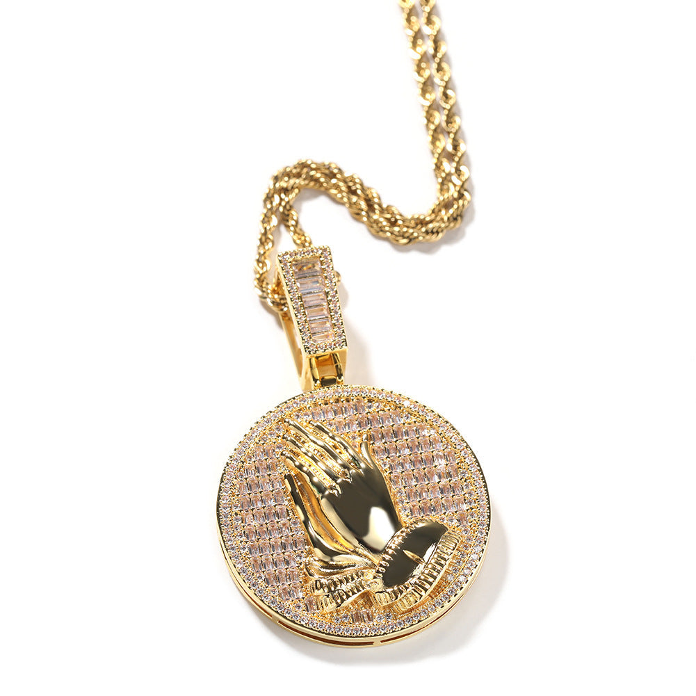 Jewelry Disc Fashion Pendant Necklace Copper with Zircon Praying Hand Jesus Pieces Spectrum