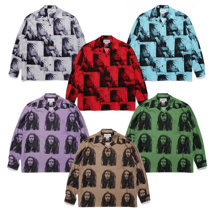 GUILTYPARTIES TIGER Long sleeved shirt BOB MARLEY Reggae rock portrait Hawaiian long sleeved shirt