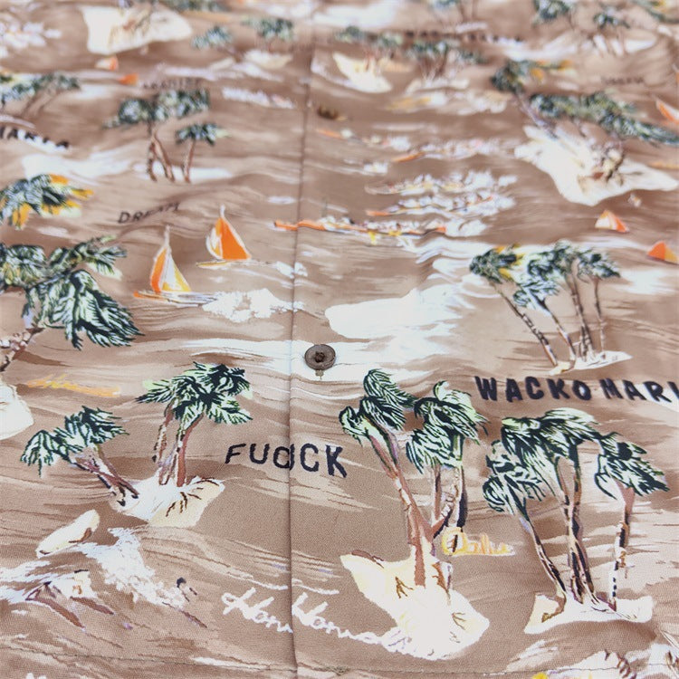 GUILTYPARTIES TIGER Shirts 24ss Coconut Island Style, Cuban Collar Casual Hawaiian Short Sleeve Shirt Men