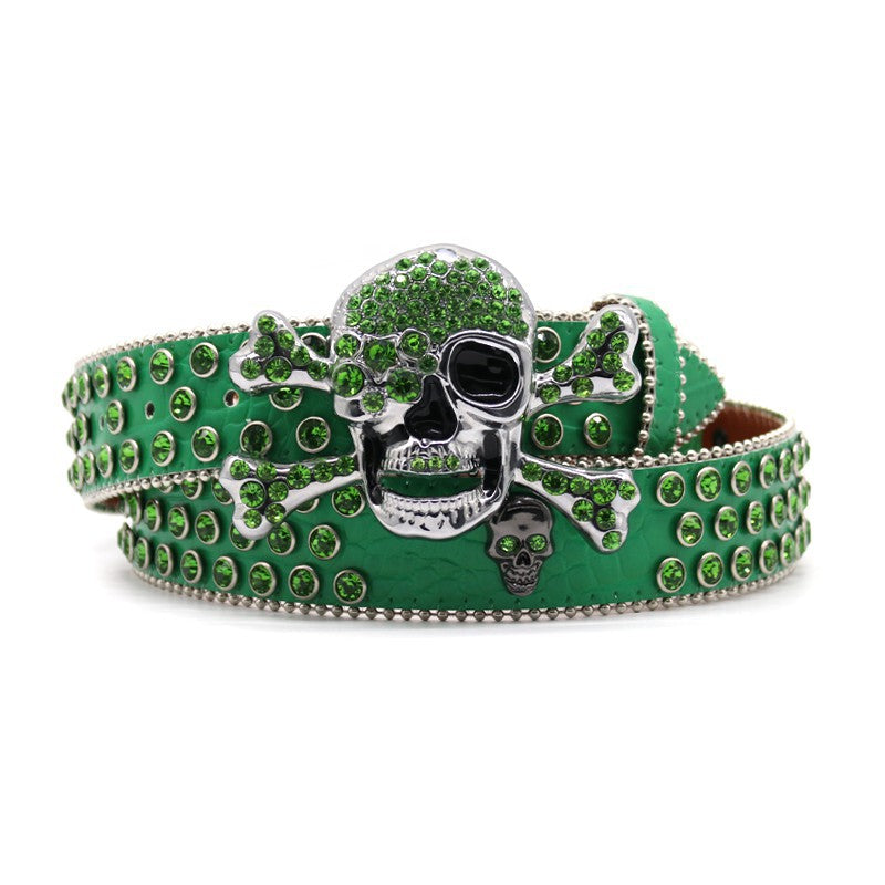 Hip-hop punk rhinestone belt green big skull