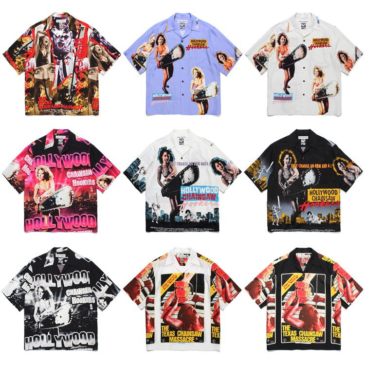 GUILTYPARTIES TIGER Shirts 23SS CHAINSAW Chainsaw Horror Hawaiian Short Sleeve Shirt Men