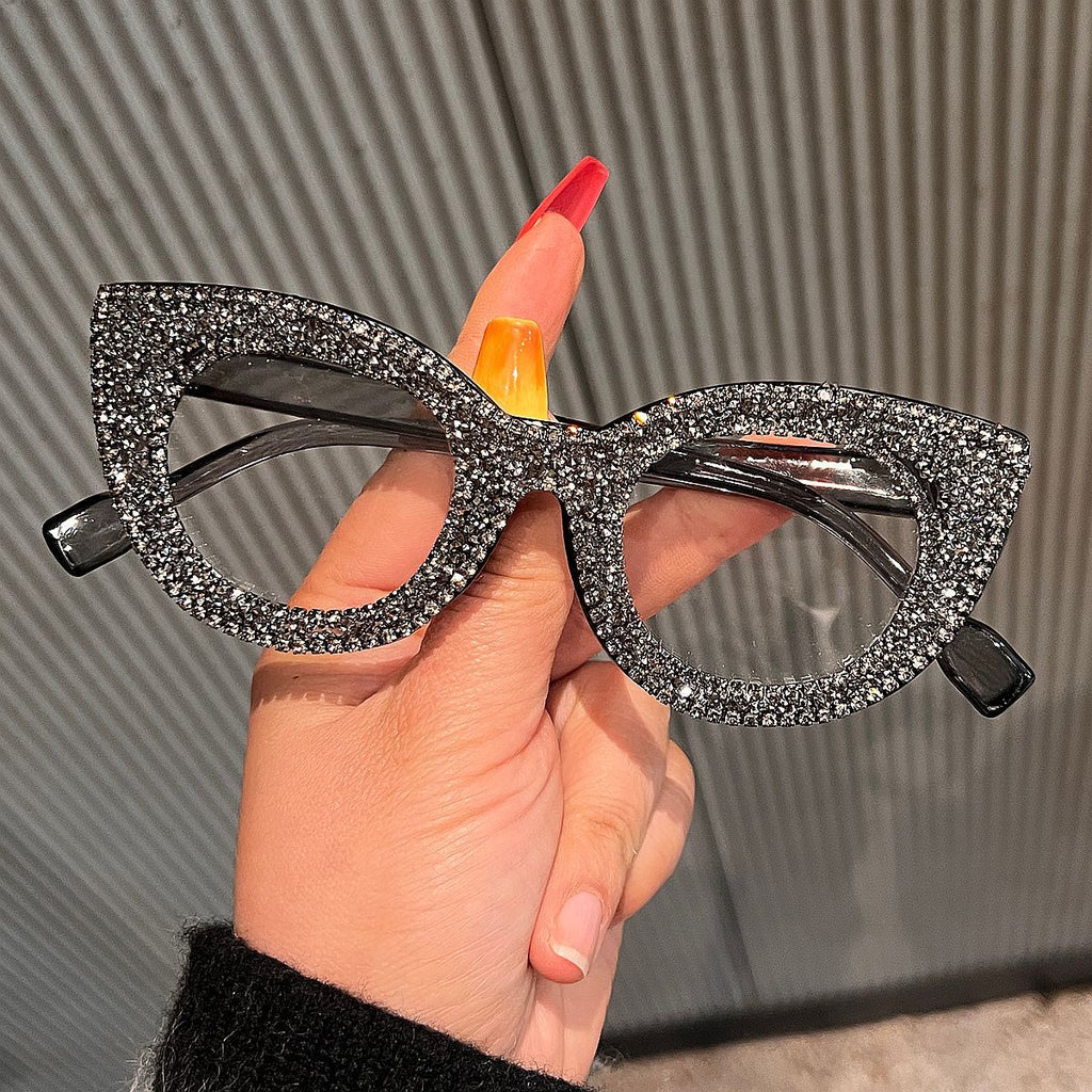 Trendy punk glasses cat eye full diamond anti-blue light retro