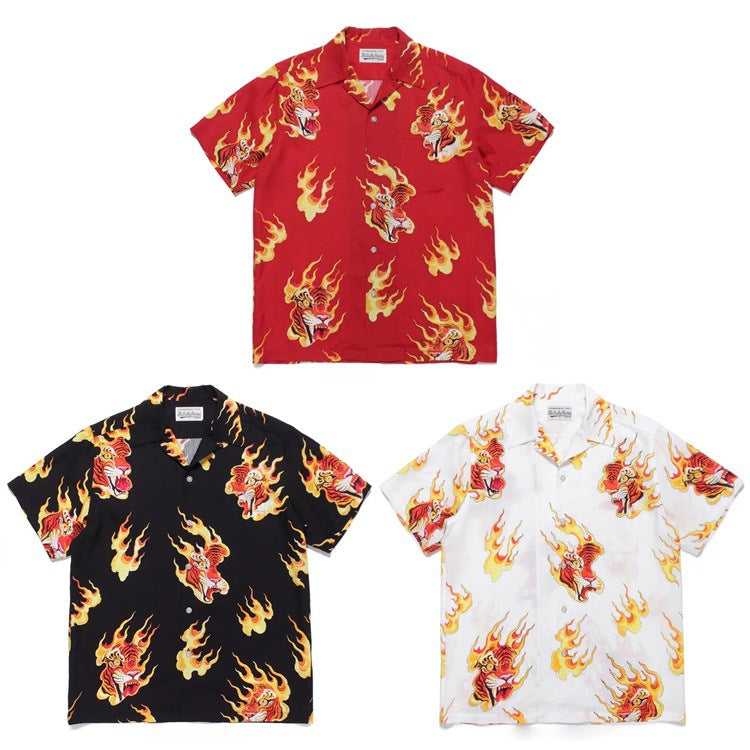 GUILTYPARTIES TIGER Shirts TIM LEHI / Flame Tiger Head Tiger Hawaiian short-sleeve shirt for men