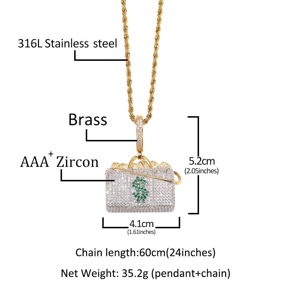 Jewelry Necklace Money Bag Pendant Street Wind Copper with Zircon Spectrum