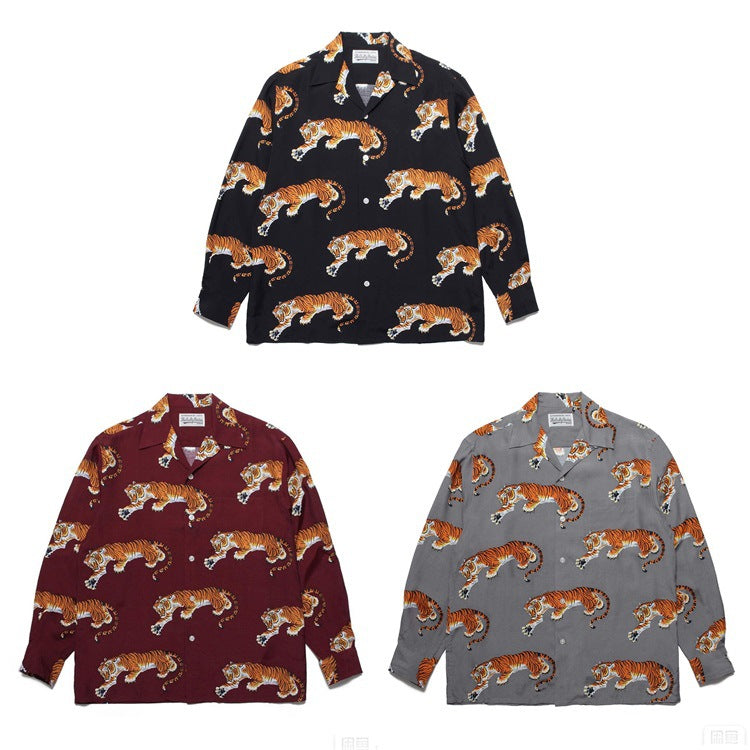 GUILTYPARTIES TIGER Long sleeved shirt Tiger Hawaiian Casual Long Sleeve Shirt Men's and Women's