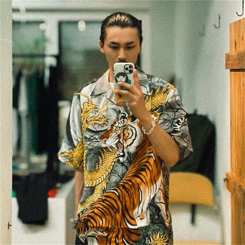GUILTYPARTIES TIGER Shirts 22AW Dragon and Tiger Fight, Tiger Print Hawaiian Short Sleeve Shirt Men