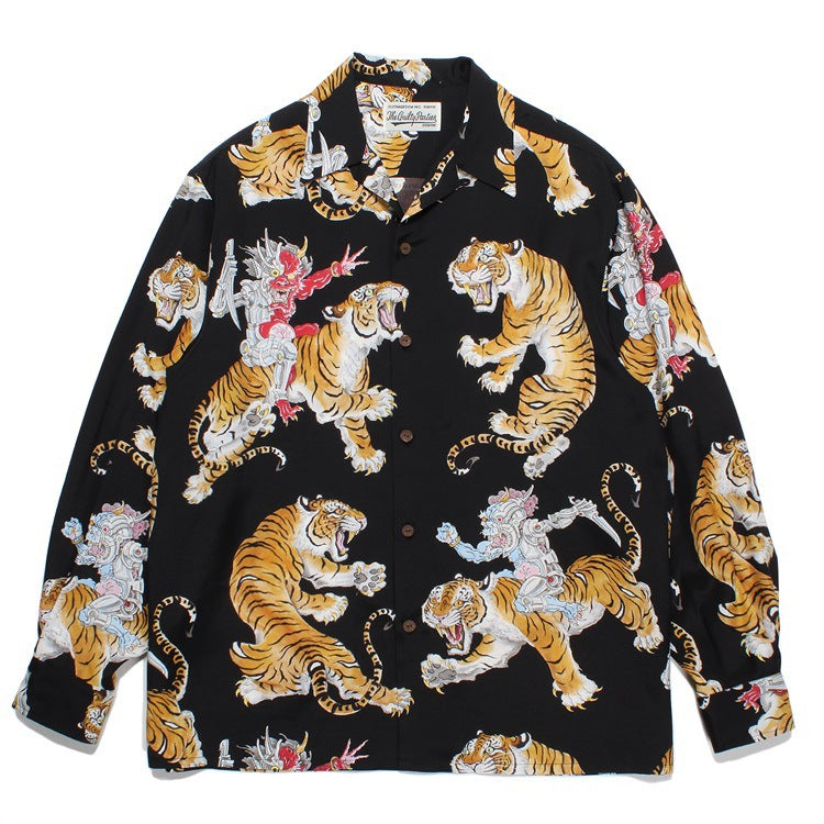 GUILTYPARTIES TIGER Long sleeved shirt Mechanical Ghost Riding Tiger Hawaiian Rayon Long Sleeve Shirt