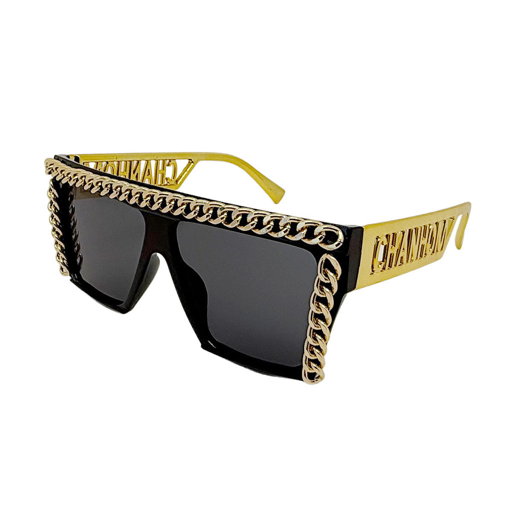 Trendy punk glasses square frame metal chain