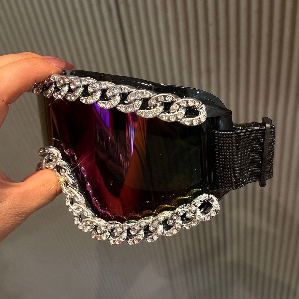 Trendy punk glasses diamond chain large frame