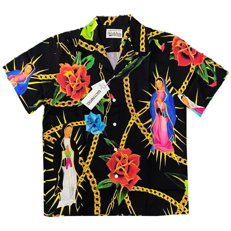 GUILTYPARTIES TIGER Shirts 20SS Bramble Flower, Virgin Mary, Hawaiian Short Sleeve Shirt Men