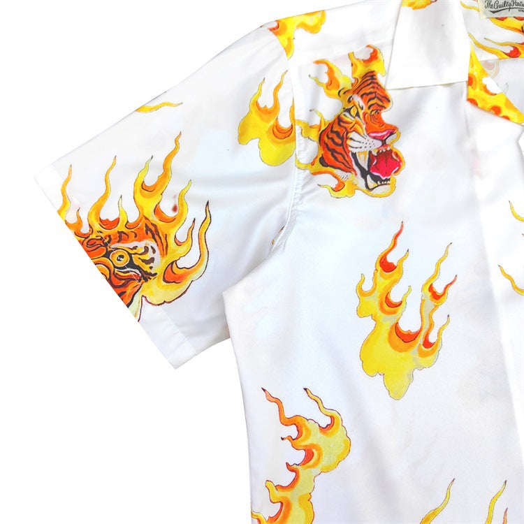 GUILTYPARTIES TIGER Shirts TIM LEHI / Flame Tiger Head Tiger Hawaiian short-sleeve shirt for men