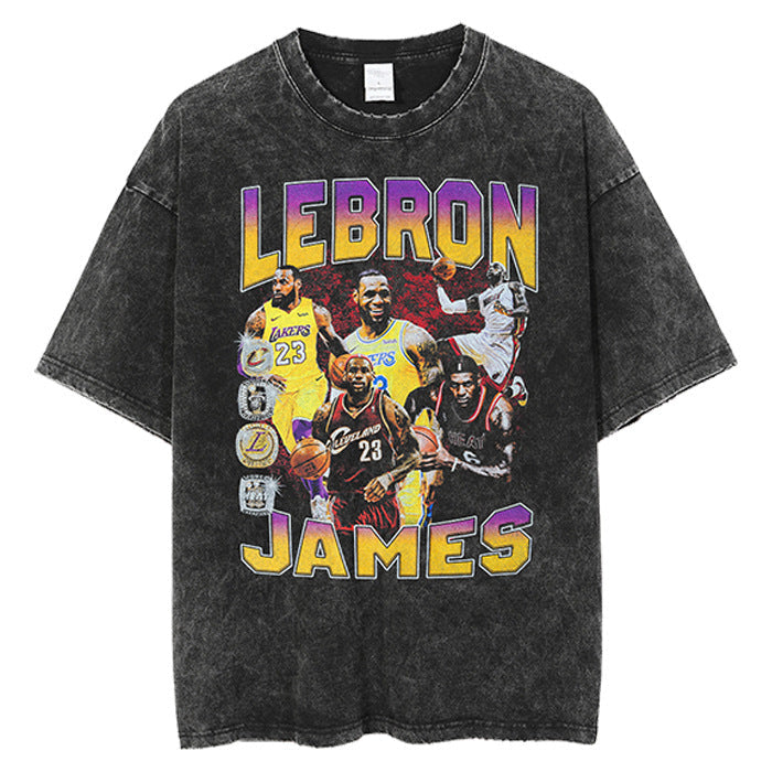 Nba T Shirt James James Basketball Printed Short-Sleeved T-shirt Loose Washed-out Distressed High-quality pure cotton comfortable and trendy clothing