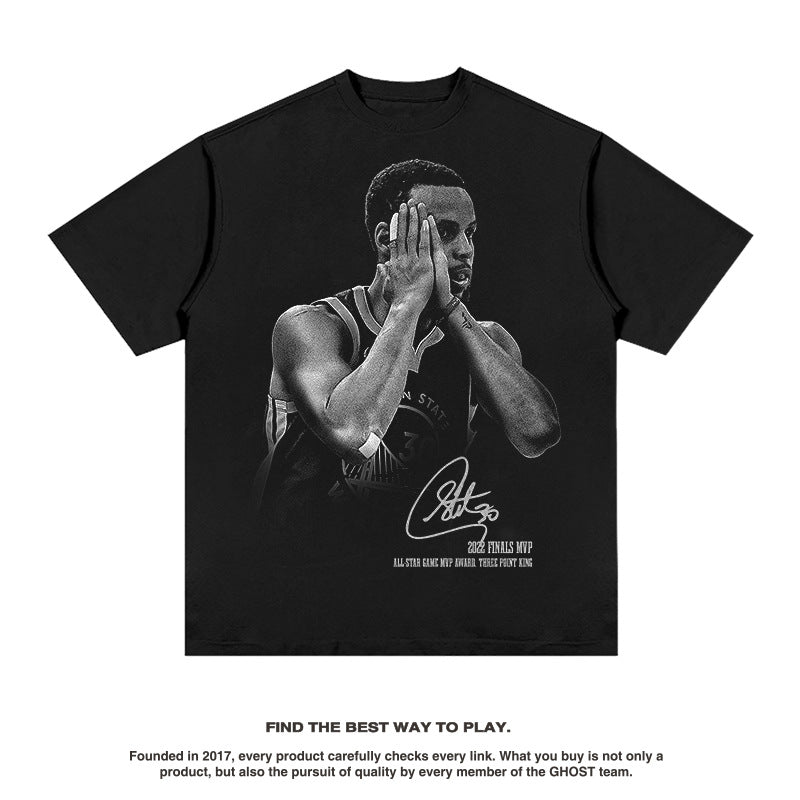 Nba T Shirt Curry American Vintage Print Short Sleeves Heavy Washed Distressed T-shirt High-quality pure cotton comfortable and trendy clothing