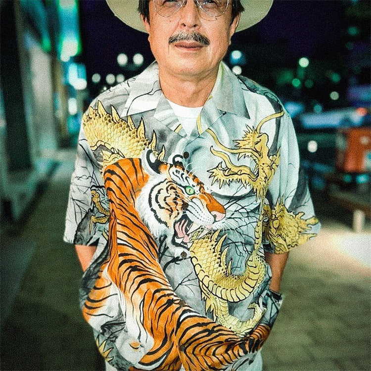 GUILTYPARTIES TIGER Long sleeved shirt Hawaiian dragon and tiger fight, tiger print long-sleeved shirt men and women