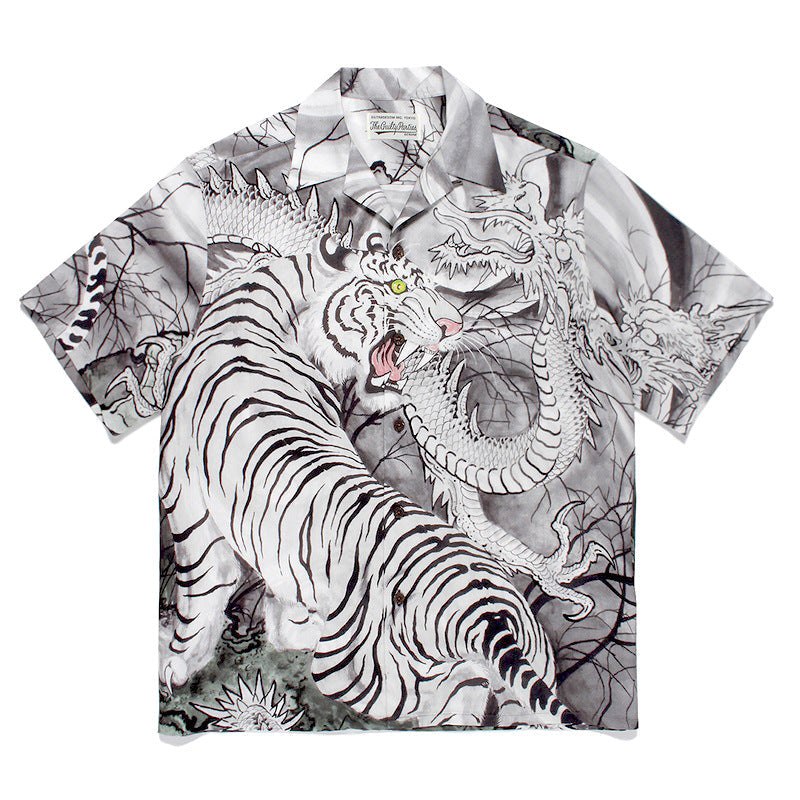 GUILTYPARTIES TIGER Shirts 22AW Dragon and Tiger Fight, Tiger Print Hawaiian Short Sleeve Shirt Men