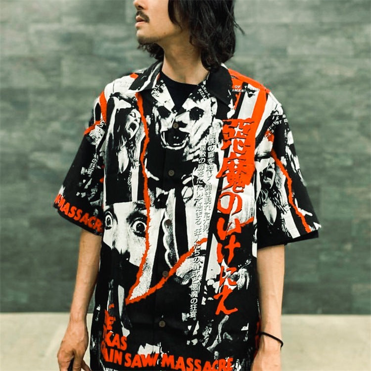 GUILTYPARTIES TIGER Shirts 23SS CHAINSAW Chainsaw Horror Hawaiian Short Sleeve Shirt Men