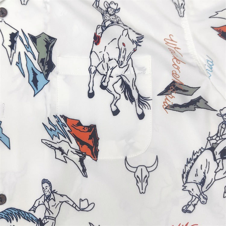 GUILTYPARTIES TIGER Shirts Western denim lasso casual rayon Hawaiian lapel short-sleeved shirt