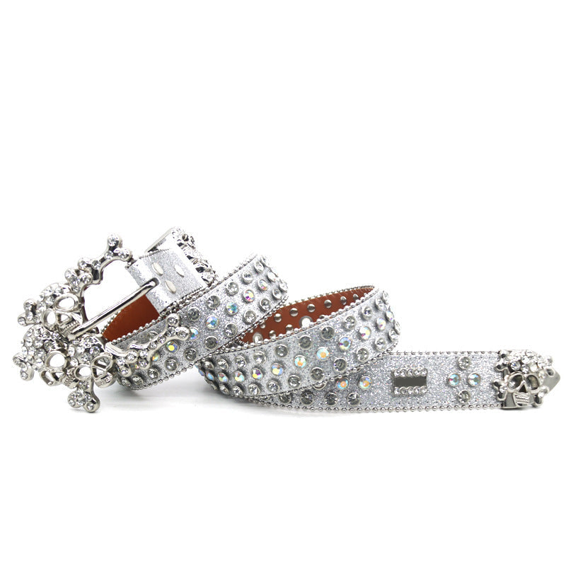 Hip-hop punk rhinestone belt silver glitter big skull