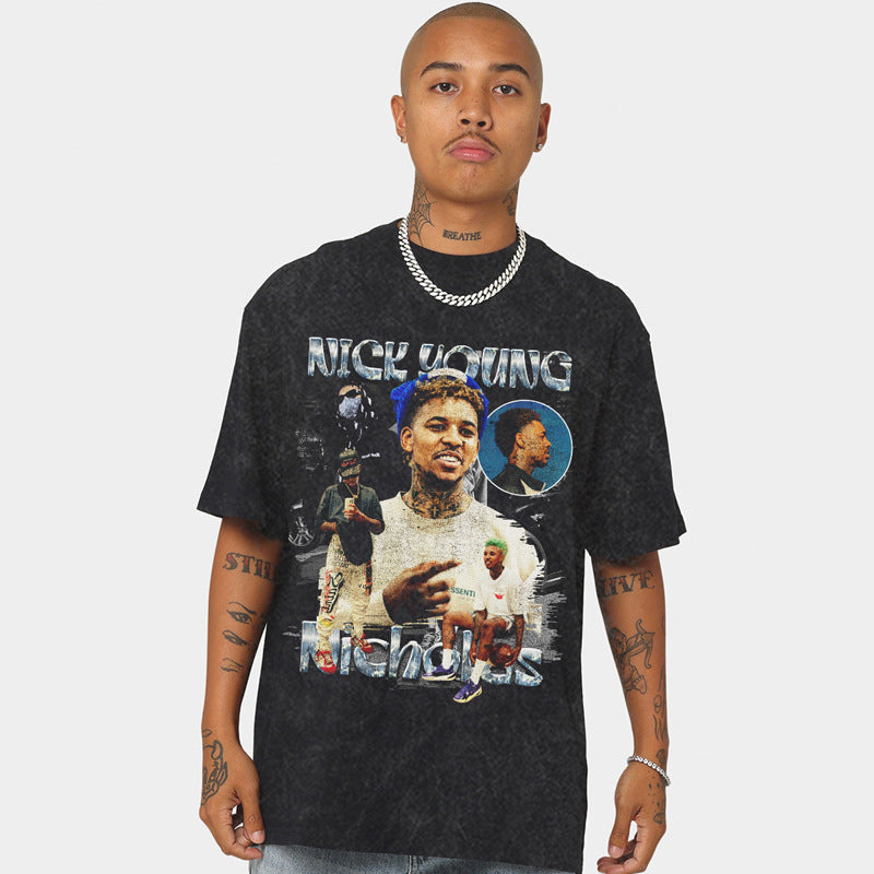 Nba T Shirt Short Sleeve T-shirt Street round Neck Top Washed High-quality pure cotton comfortable and trendy clothing