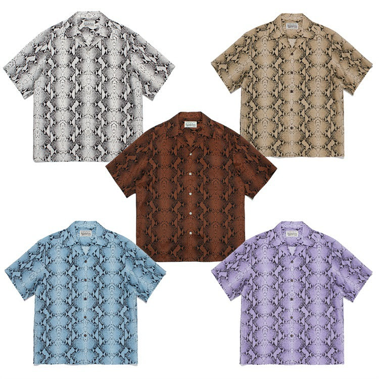 GUILTYPARTIES TIGER Shirts PYTHON OPEN COLLAR SHIRT Snake print short-sleeved shirt men