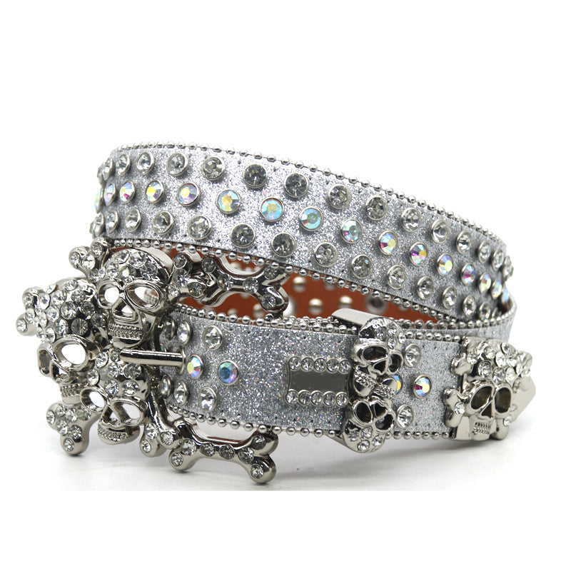 Hip-hop punk rhinestone belt silver glitter big skull