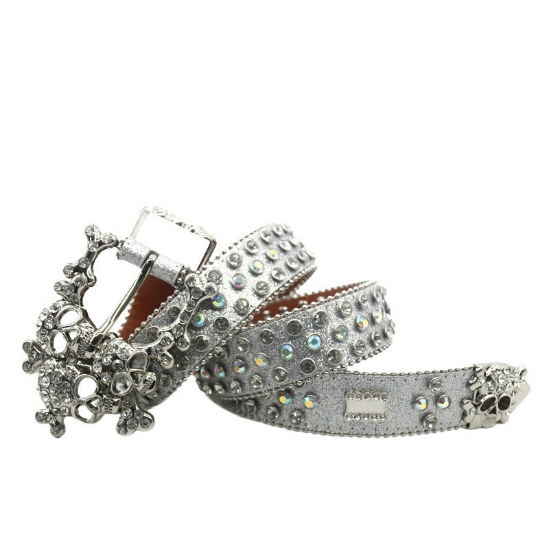 Hip-hop punk rhinestone belt silver glitter big skull