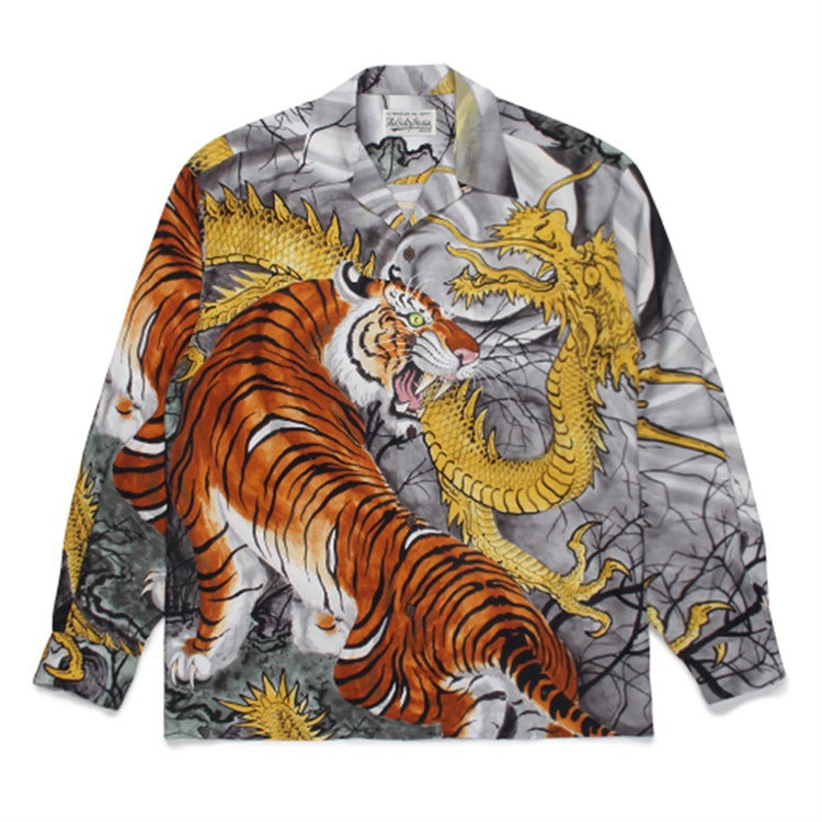 GUILTYPARTIES TIGER Long sleeved shirt Hawaiian dragon and tiger fight, tiger print long-sleeved shirt men and women
