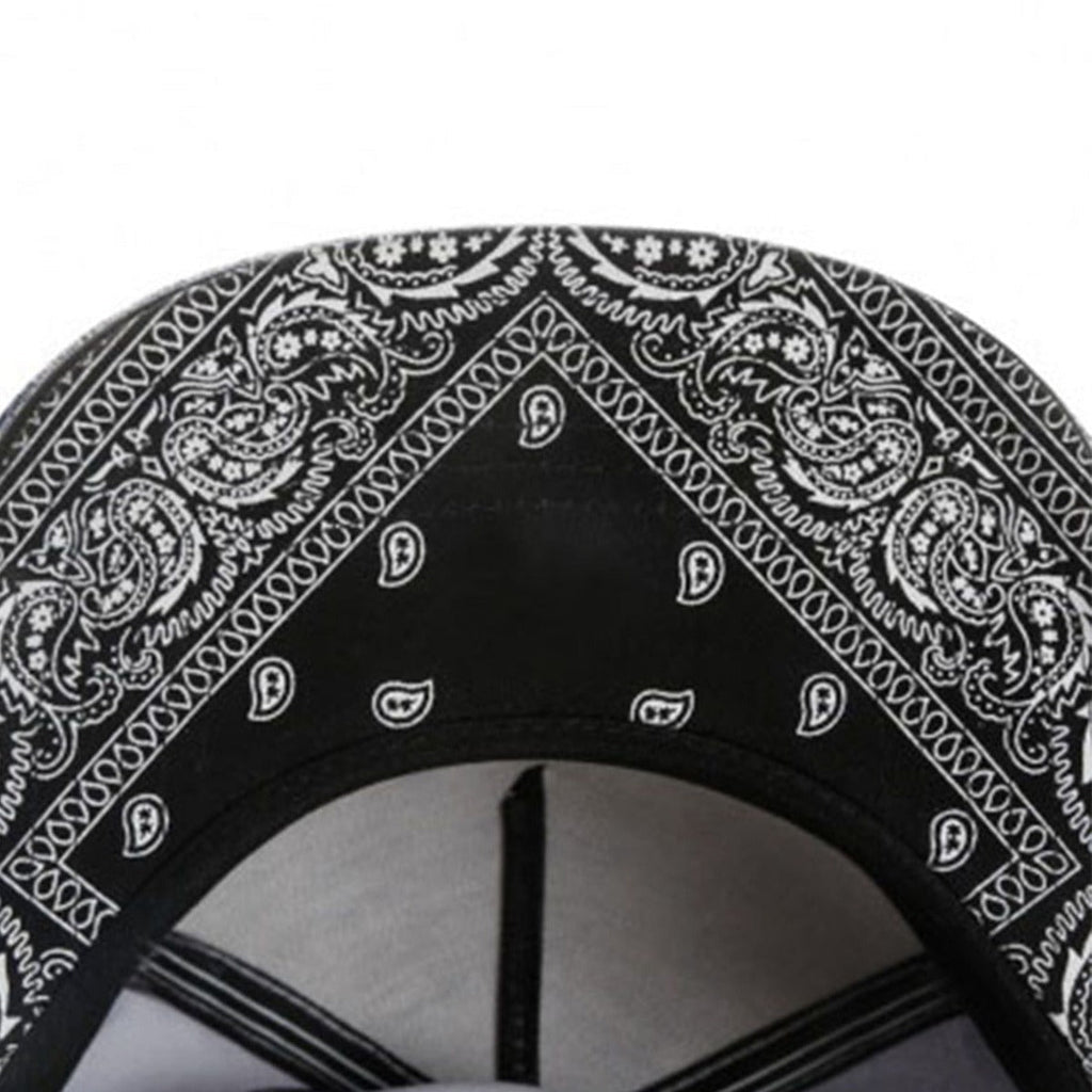 Trendy flat brimmed snapback hatscashew pattern printing embroider leather hat
