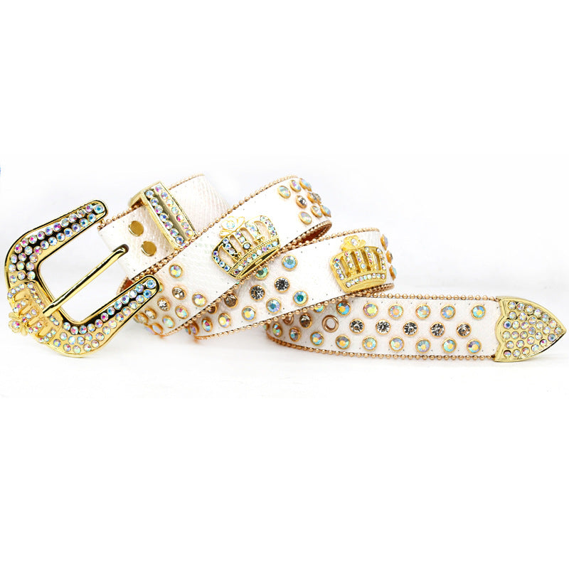 Hip-hop punk rhinestone belt gold crown rhinestone wide belt