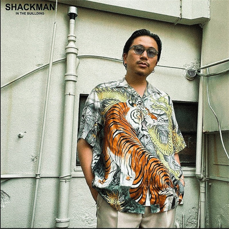 GUILTYPARTIES TIGER Shirts 22AW Dragon and Tiger Fight, Tiger Print Hawaiian Short Sleeve Shirt Men