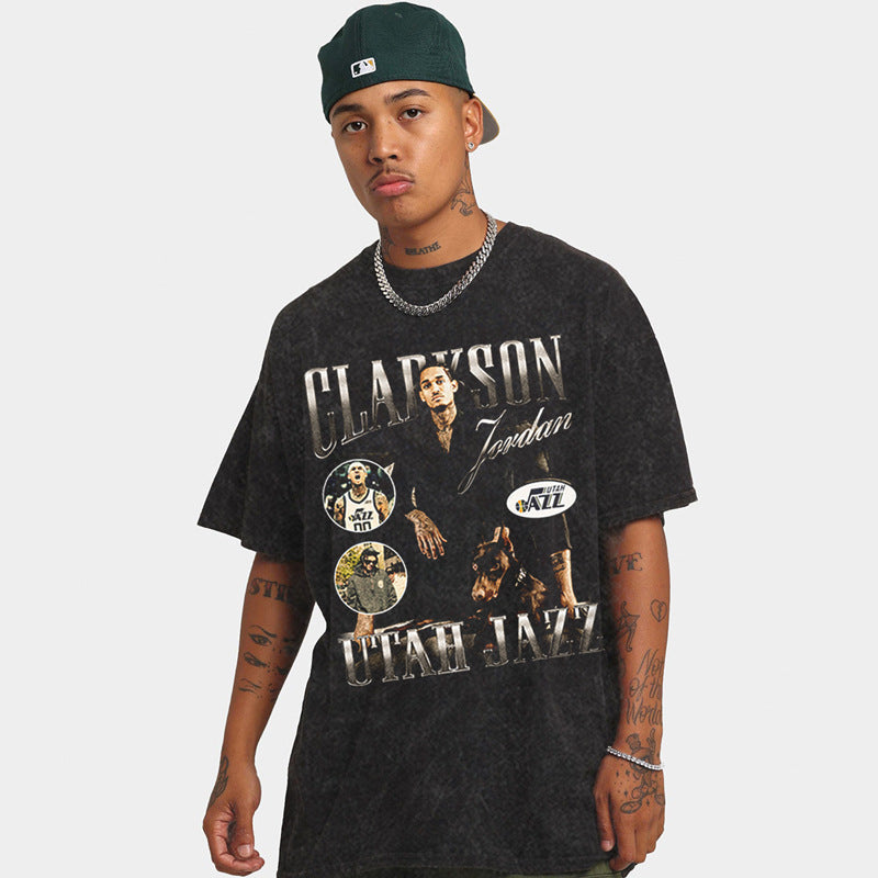 Nba T Shirt American Retro Short Sleeve T-shirt Hip-Hop Street Washed Distressed Printed Top High-quality pure cotton comfortable and trendy clothing