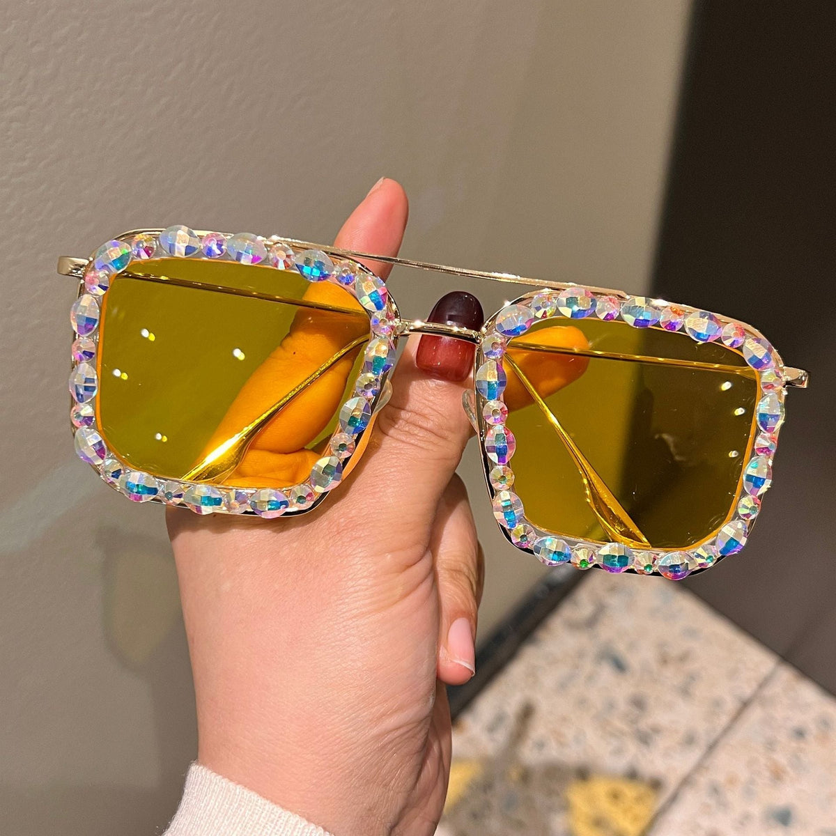 Trendy punk glasses double beam diamond