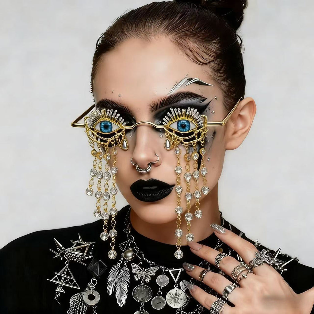 Trendy punk glasses eyeball rhinestone tassel