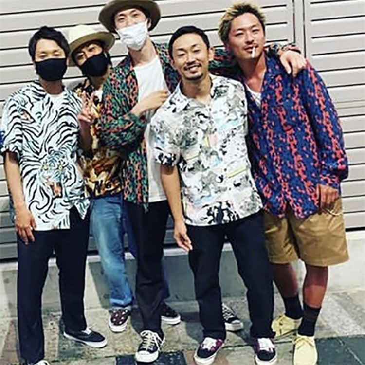GUILTYPARTIES TIGER Long sleeved shirt 22AW Japanese LEOPARD Cuban collar casual leopard print long sleeved shirt men