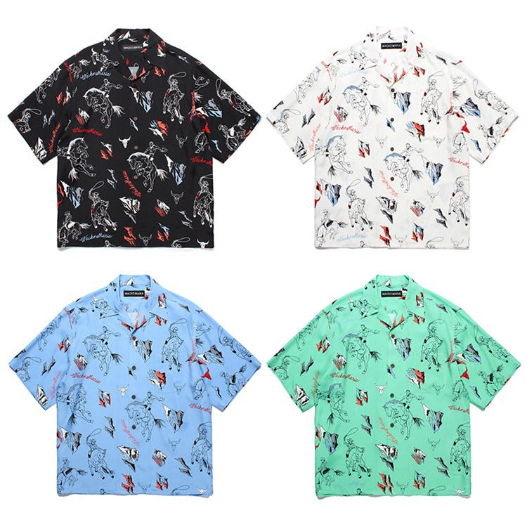 GUILTYPARTIES TIGER Shirts Western denim lasso casual rayon Hawaiian lapel short-sleeved shirt