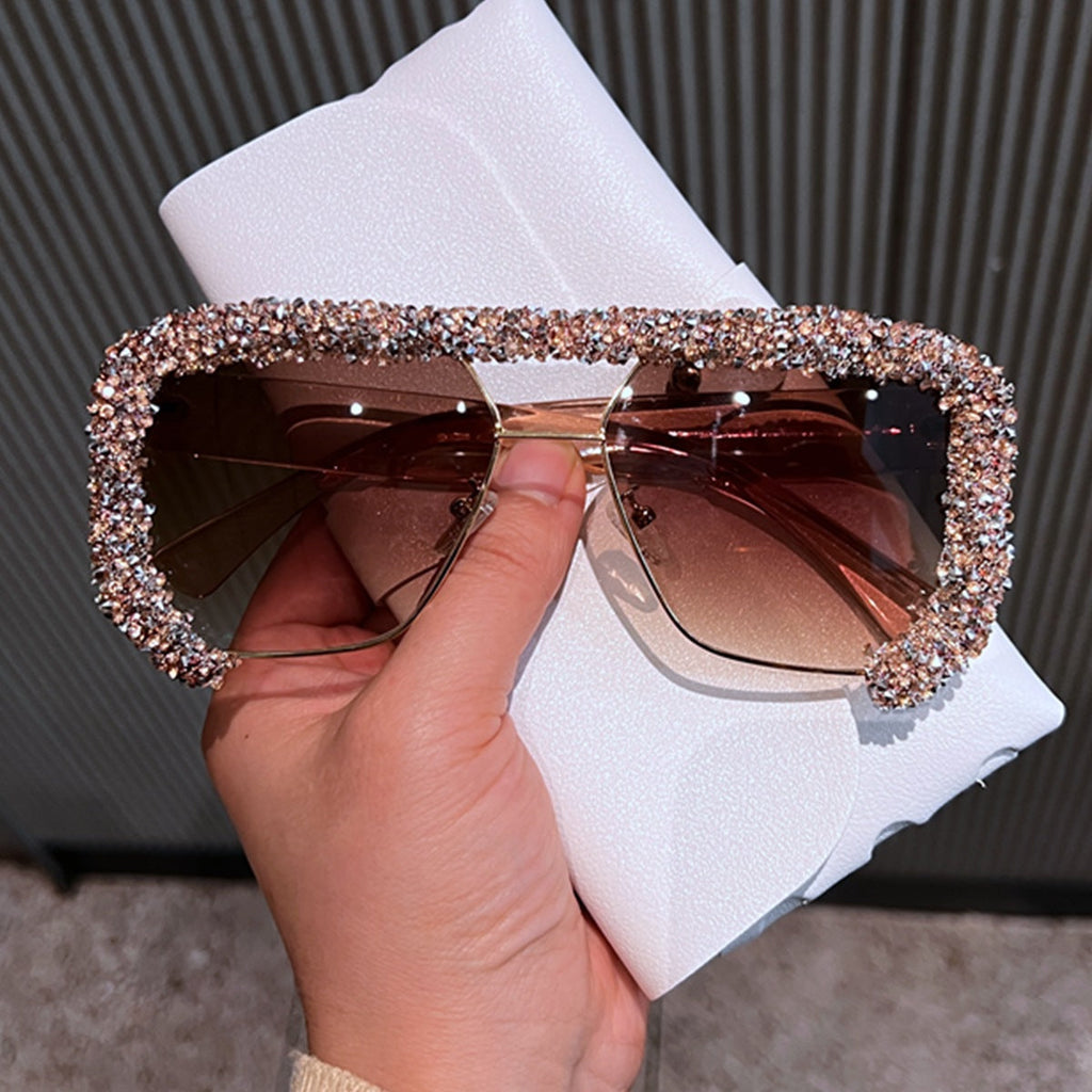 Trendy punk glasses double beam rhinestones