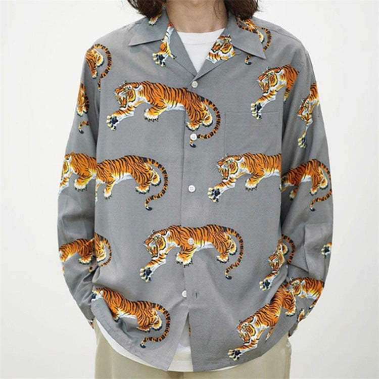 GUILTYPARTIES TIGER Long sleeved shirt Tiger Hawaiian Casual Long Sleeve Shirt Men's and Women's