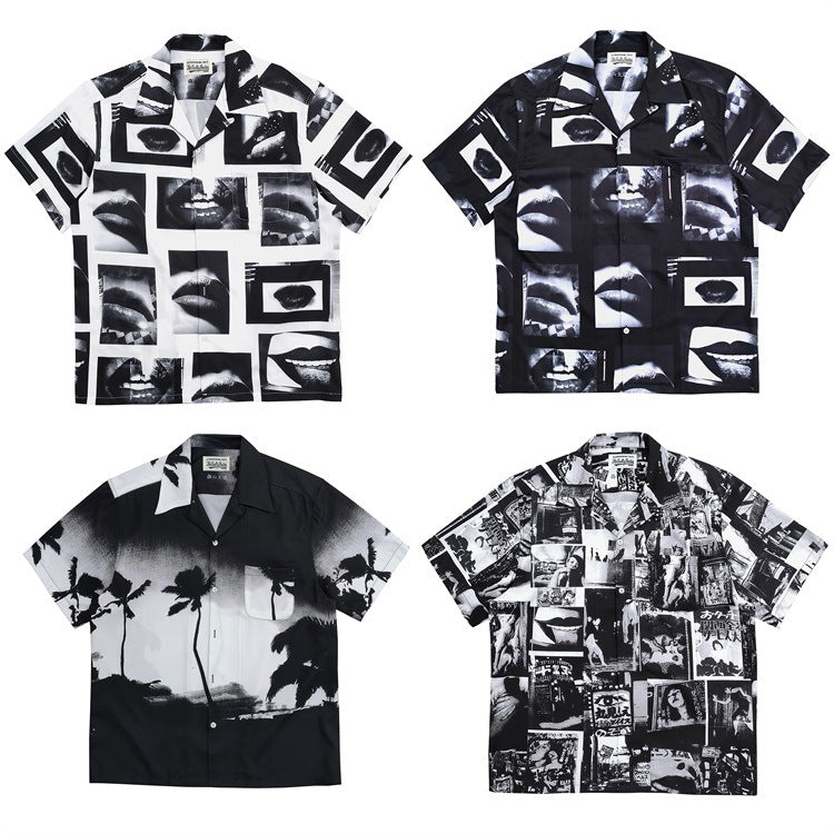 GUILTYPARTIES TIGER Shirts Moriyama Avenue, Coconut Tree, Lips Joint Hawaiian Short Sleeve Shirt Men