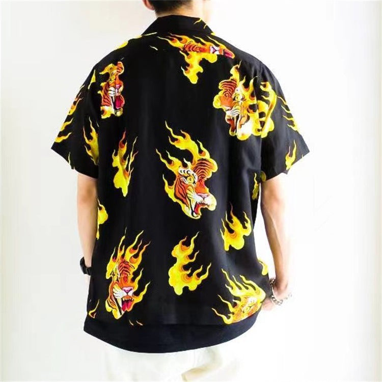 GUILTYPARTIES TIGER Shirts TIM LEHI / Flame Tiger Head Tiger Hawaiian short-sleeve shirt for men