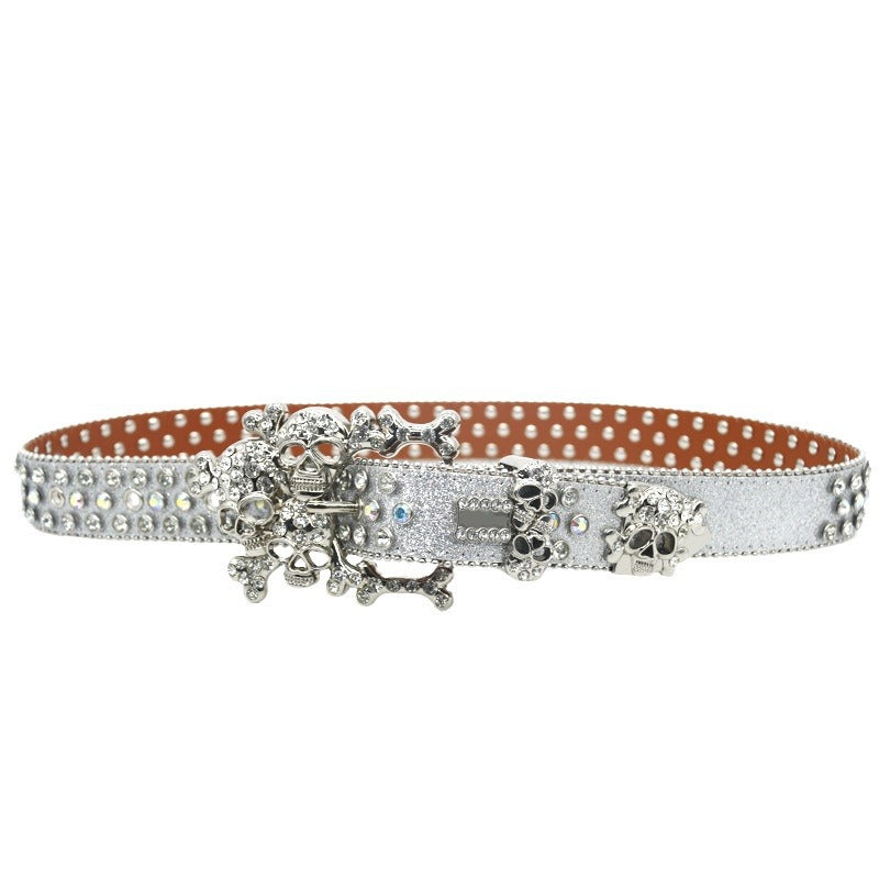Hip-hop punk rhinestone belt silver glitter big skull