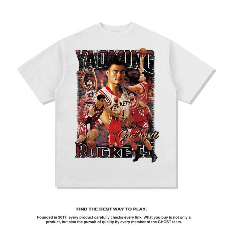 Nba T Shirt Summer Vintage Yao Ming Basketball Printed Short-Sleeved T-shirt American Retro Washed Distressed High-quality pure cotton comfortable and trendy clothing