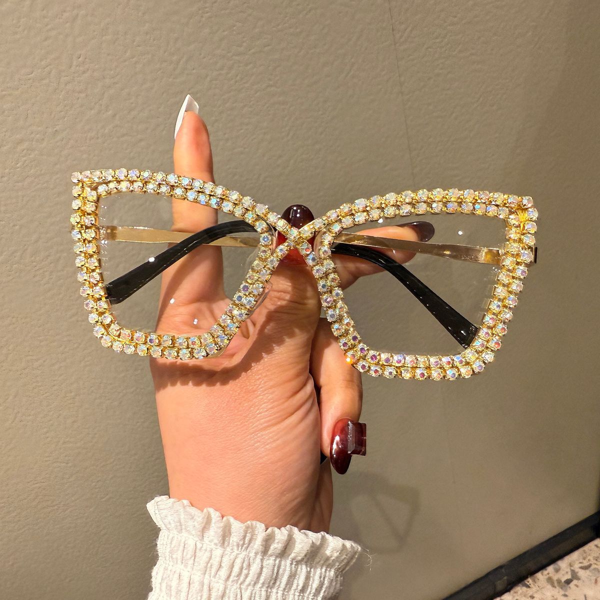 Trendy punk glasses cross frame big cat eyes with diamonds