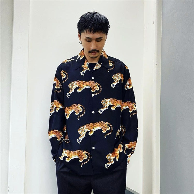 GUILTYPARTIES TIGER Long sleeved shirt Tiger Hawaiian Casual Long Sleeve Shirt Men's and Women's