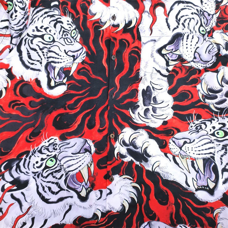 GUILTYPARTIES TIGER Shirts 23SS TIM LEHI Flame Tiger Full Print Hawaiian Short Sleeve Shirt Men