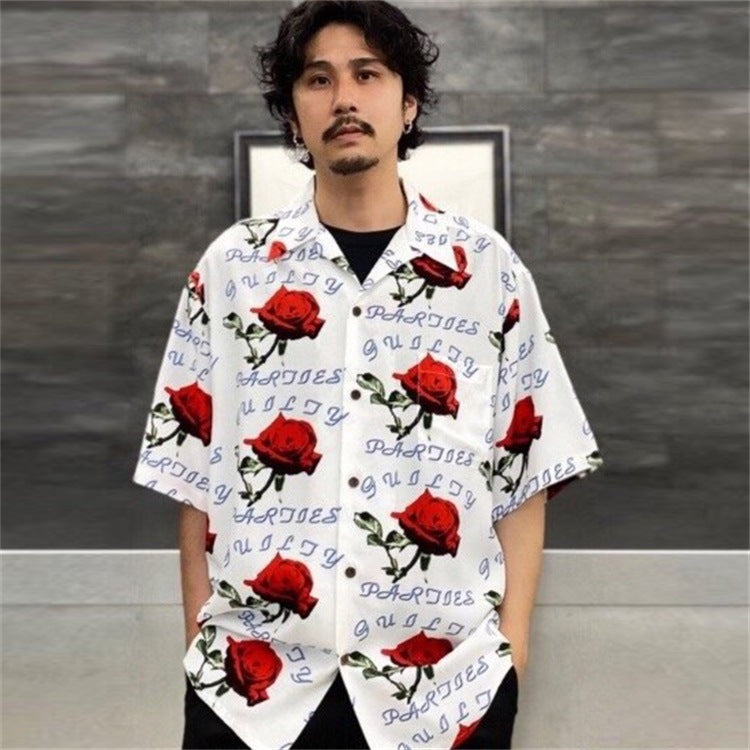 GUILTYPARTIES TIGER Shirts 21ss Rose ALOHA full print, Hawaiian short-sleeved shirt for men and women